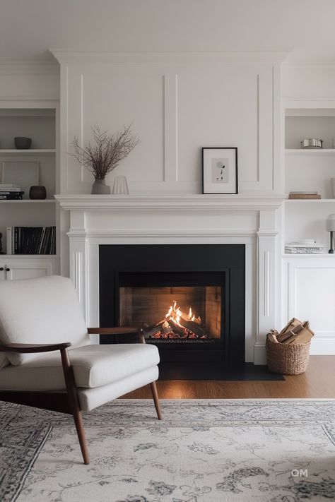 Built-In Around Fireplace: Elegant Solutions for Your Living Space - Quiet Minimal Mantle With Windows On Both Sides, Fireplace On Slanted Ceiling, Fireplace Wall With Slanted Ceiling, Natural Fireplace Mantel, Paneled Fireplace Surround, Transitional Living Room Built Ins, White Fireplace Living Room Decor, Lounge Style Living Room, Living Room Storage Fireplace