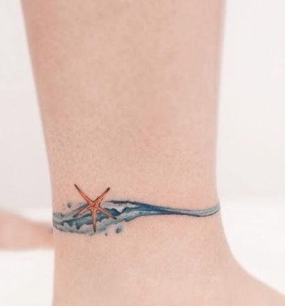 Water Ankle Tattoo, Ocean Ankle Tattoos For Women, Small Sea Creature Tattoo, Ocean Ankle Tattoo, Women’s Wrist Tattoos, Ocean Wave Tattoos For Women, Tattoo Mar Ocean, Tattoo Ideas Ocean, Beachy Tattoos