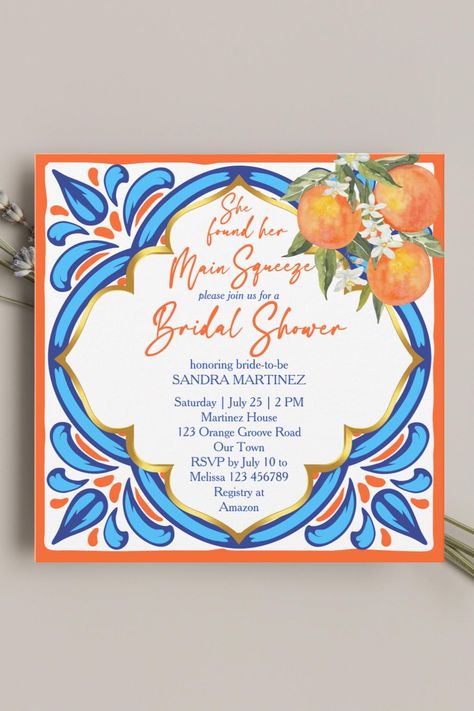 Her Main Squeeze bridal shower orange blue invitation template instant download, available as high quality print on variety of paper Blue And Orange Bridal Shower Ideas, Main Squeeze Bridal Shower Theme Orange, Orange Bridal Shower Ideas, Roka Decor, Blue Invitation Template, Yellow Party Themes, Orange Invitation, Drinks Party, Yellow Party