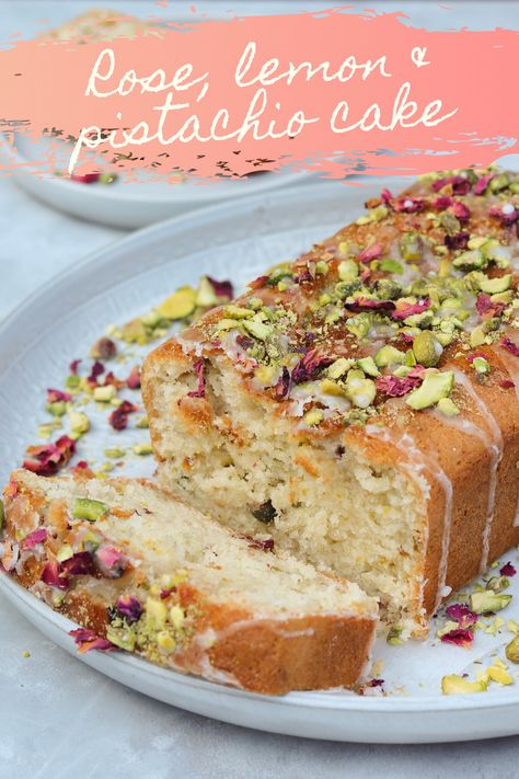 Rose Cake Recipe, Lemon Pistachio Cake, Pistachio Cake Recipe, Lemon Pistachio, Cake Lemon, Lemon Drizzle, Vegan Cake Recipes, Pistachio Cake, Rose Cake