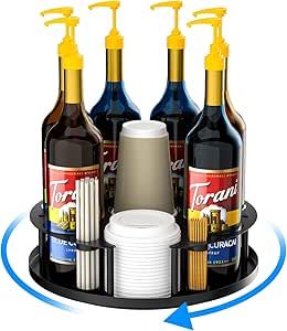 Coffee Syrup Organizer 8 Bottles, Rotating Coffee Syrup Rack for Countertop Coffee Bar Organizer, Syrup Holder Stand for Coffee Syrup Dispenser,Stirrers,Cup and Lid, Wine Display,Coffee Station Syrup Organizer, Countertop Coffee Bar, Coffee Bar Organizer, Coffee Syrup Dispenser, Syrup Dispenser, Lazy Susan Turntable, Syrup Bottle, Wine Rack Cabinet, Coffee Syrup