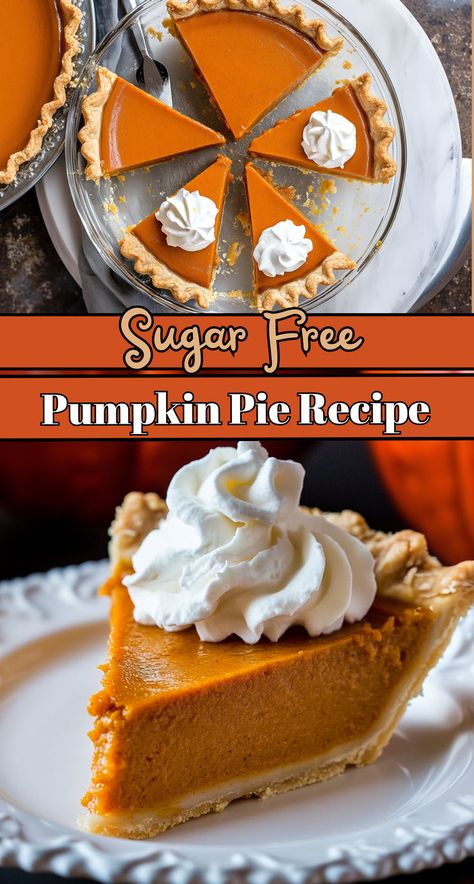 Two images of sugar-free pumpkin pie with text overlay Sugar Pumpkin Pie Recipe, Sugar Free Pumpkin Pie, Sugar Free Pie, Classic Pumpkin Pie, Low Carb Pumpkin Pie, Low Sugar Desserts, Sugar Free Baking, Sugar Free Recipes Desserts, Sugar Free Sweets