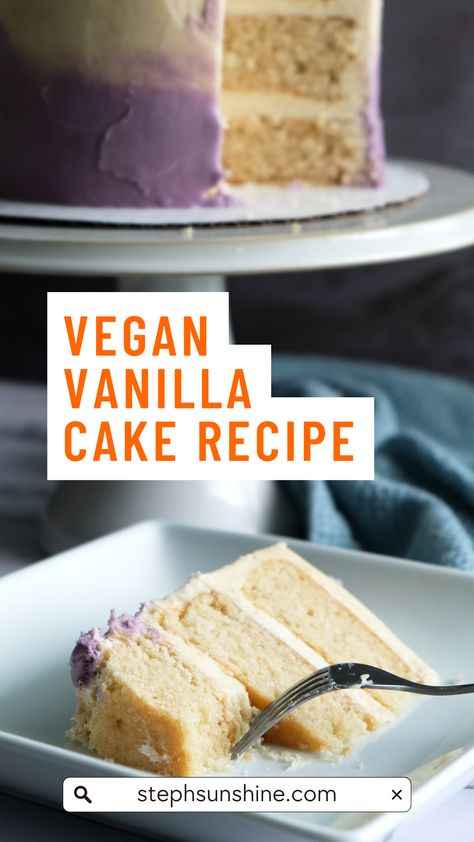 This vegan vanilla cake requires a few extra steps to make, but it results in the most delicious vegan cake you've ever had! Moist, tender, and full of flavor, it's perfect for birthdays, baby showers, weddings, or any other cake-appropriate event. Even your non-vegan guests won't be able to tell that it's vegan! Vanilla Cake Recipe Moist, Vegan Buttercream Frosting, Vegan Vanilla Cake, Vegan Buttercream, Plant Based Recipes Dinner, Vegan Cheese Recipes, Food Scale, Vegan Cake Recipes, Vanilla Cake Recipe