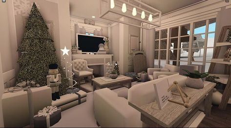 Bloxburg Christmas House Living Room, Bloxburg Christmas Interior Ideas, Bloxburg Decorating Ideas Living Room, Bloxburg Living Rooms Ideas, Cute Living Room Ideas Bloxburg, Bloxburg Christmas Living Room Ideas, Roblox Living Room Ideas, Christmas Living Room Bloxburg, Bloxburg Christmas Living Room