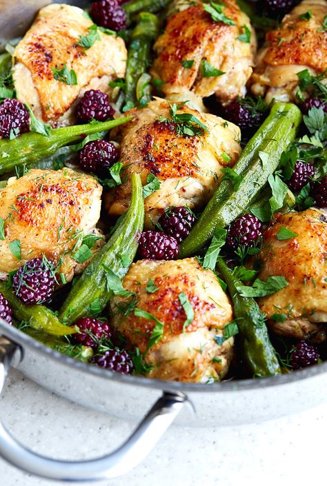 Chicken Okra Recipes, Chicken And Okra Recipes, Fresh Okra Recipes, Okra Recipes Healthy, Dinner Roulette, Chicken And Okra, Purewow Recipes, Pan Fried Chicken Thighs, Food Comfort