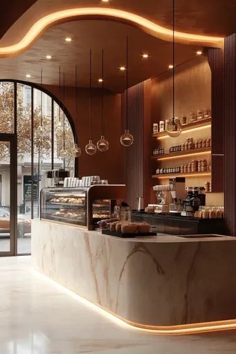 ↑↑↑ Larger size on website 🔸 The image shows a modern cafe interior with a marble counter and sleek, minimalist design. The count Wall Of Shelves, Luxury Cafe, Cafe Display, Cafe Counter, Modern Cafe, Glass Display Case, Coffee Shops Interior, Warm Lighting, Marble Counter