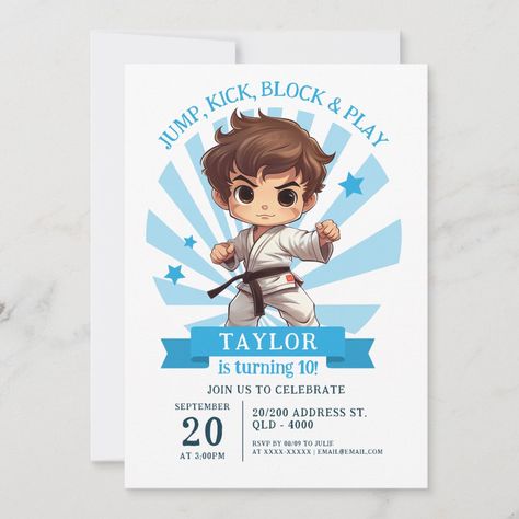 Taekwondo Birthday, Martial Arts Birthday, Art Birthday Party Invitations, Art Birthday Invitations, Martial Arts Master, Block Play, Karate Martial Arts, Art Birthday Party, Art Theme