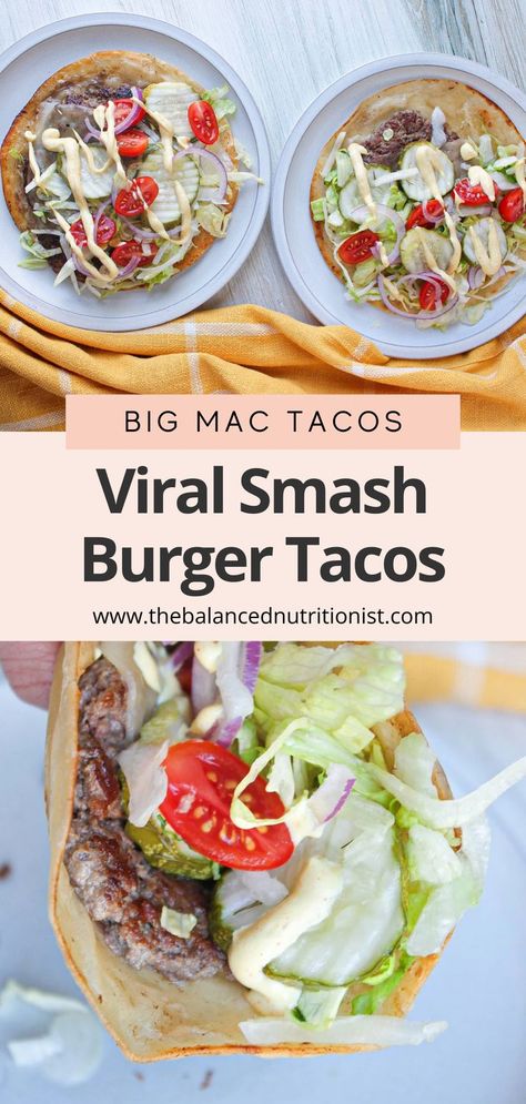 Try these smash burger tacos for a juicy, easy meal! This recipe uses tortillas, ground beef, and a special sauce. Inspired by big mac tacos and big mac taco burger, these burger tacos are a healthier twist on the smash burger. Enjoy the best smash burger taco and try this tiktok viral smashed taco burger today! Smash Burger Tacos, Big Mac Tacos, Mac Tacos, Burger Sides, Burger Tacos, Taco Burger, Burger Toppings, Red Onion Salad, Special Sauce