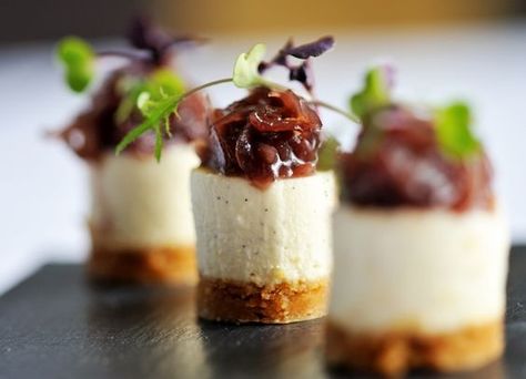 Mini Goat Cheese Cheesecake, Goat Cheese Cake, Goat Cheesecake, Canapes Ideas, Red Onion Jam, Savory Cheesecake, Walnut Sauce, Canapes Recipes, Chef Simon