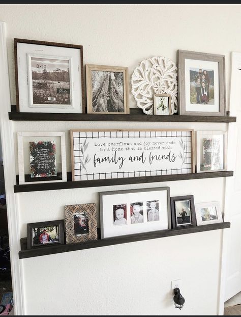 Picture Ledge Layout Living Room, Picture Ledge Layout, Rail Decor, Family Command Center Wall, Displaying Family Pictures, Tv Picture, Fort Drum, Photo Shelf, Entryway Wall Decor