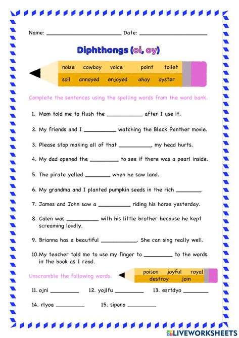 Dipthongs Worksheets, Oy Worksheets, Diphthongs Worksheets, Adult Worksheets, Phonics Rhymes, Improving Handwriting, Create Worksheets, Live Worksheet, Teaching Syllables