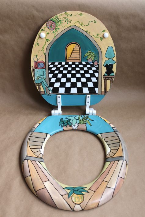 Painting Toilet Seat Diy, Painted Toilet Seats, Painted Toilet, Designer Toilet, Toilet Seats, Bathroom Redo, Furniture Renovation, Toilet Seat Cover, Wine Bottle Crafts