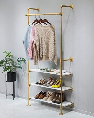 WGX Design For You Industrial Pipe Clothing Rack Wood Garment Rack Pipeline Vintage Rolling Rack On | Amazon (US) Clothing Rack Wood, Industrial Pipe Clothing Rack, Gold Clothes, Industrial Clothing Rack, Pipe Clothes Rack, Industrial Clothing, Rolling Rack, Heavy Duty Clothes Rack, Industrial Pipe Shelves