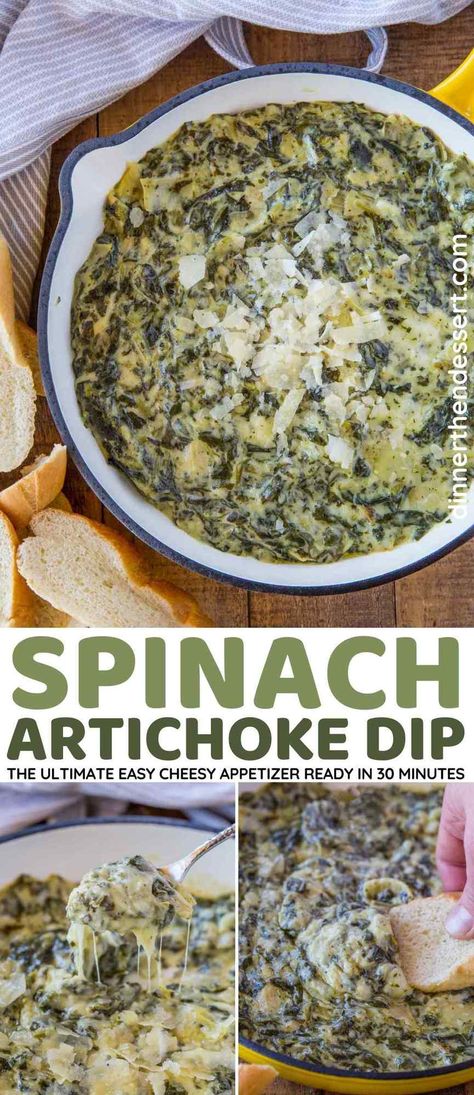 Dip Dinner, Melted Cheese Sauce, Homemade Pita Chips, Creamy Spinach Dip, Spinach Artichoke Dip Recipe, Spinach And Artichoke Dip, Cheesy Appetizer, Dinner Then Dessert, Artichoke Dip Recipe