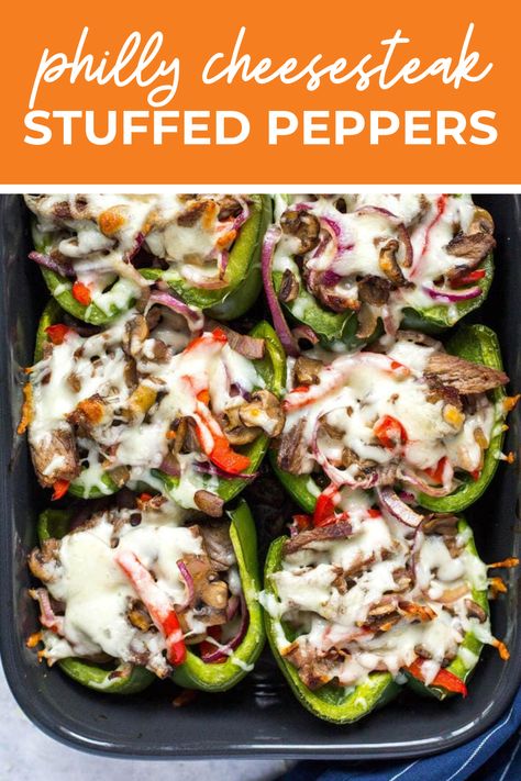 These Philly Cheesesteak Stuffed Peppers are a delicious low carb spin on the famous sandwich and they are ready in just 30 minutes! Stuffed Peppers Low Carb, Philly Cheese Steak Stuffed Peppers, Best Stuffed Pepper Recipe, Easy Stuffed Pepper Recipe, Philly Cheesesteak Stuffed Peppers, Avocado Tacos, Cheesesteak Stuffed Peppers, Easy Stuffed Peppers, Soup Appetizers