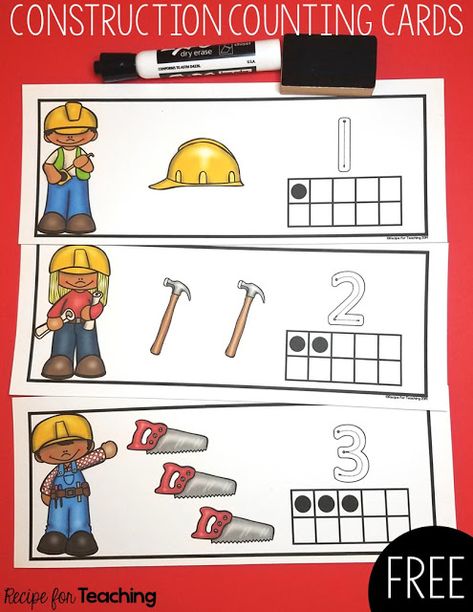 FREE 1-10 Construction Counting Cards Construction Counting Activities, Preschool Construction Activities, Community Helpers Counting, Construction Activities Preschool, Community Helpers Math, Construction Theme Classroom, Construction Theme Preschool, Community Helpers Preschool Activities, Preschool Construction