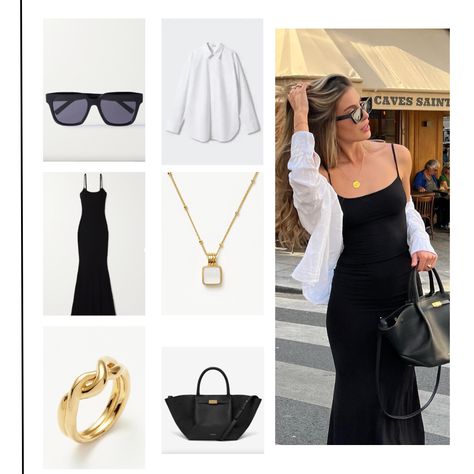 Elisa LeVallois off-duty Parisian look with white overaized shirt, black Skims maxi dress, gold necklace and ring, square sunglasses and DeMellier balck top handle handbag. Style inspiration, outfit ideas. Black And White Handbag Outfit, Overaized Shirt, Black Skims Dress Outfit, Black Maxi Dress Outfit Ideas, Black Slip Dress Outfit, University Fits, Black Maxi Dress Outfit, Style Inspiration Outfit Ideas, Slip Dress Outfit