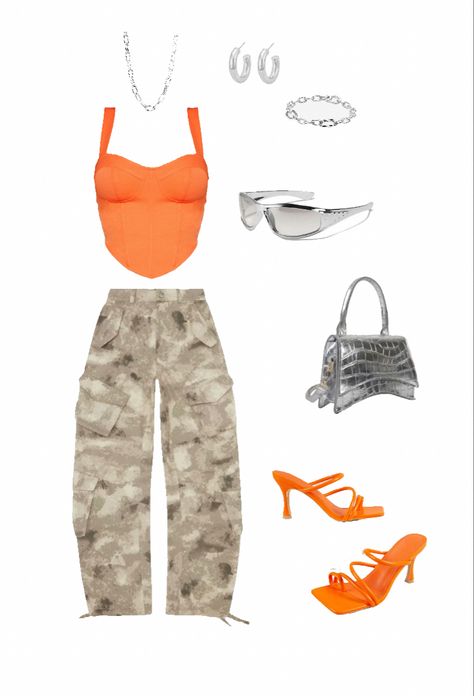 Orange Bday Outfit, Orange Party Outfit Ideas, Orange And Silver Outfit, Keyshia Cole Concert Outfit, Cute Outfits For Vegas, J Cole Concert Outfit, Orange Concert Outfit, Orange Birthday Outfit, Orange Heels Outfit