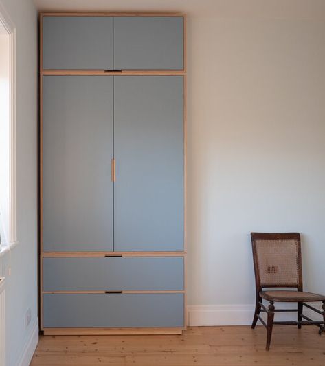 Blue Laminate Wardrobe, Wood Colour Wardrobe Design, Blue Wardrobe Design, Light Blue Wardrobe, Laminate Wardrobe, Wood Wardrobe Design, Colourful Wardrobe, Wardrobe Shutter Design, Alcove Wardrobe