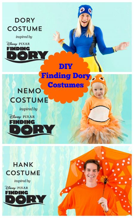 These DIY Finding Dory costumes include directions to make Dory, Nemo and Hank costumes for Halloween! Finding Dory Family Costume, Finding Nemo Costume Family, Finding Nemo Halloween Costume Family, Diy Finding Nemo Costume, Finding Nemo Family Costume, Dory Costume Diy, Finding Nemo Musical, Dory Makeup, Nemo And Dory Costume