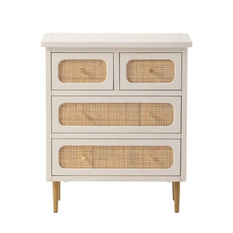 Bayou Breeze Okkra Modern Farmhouse 4-Drawer Woven Accent Chests, Boho & Reviews | Wayfair White Rattan Bedroom, Chest Nightstand, Rattan Bedroom, Black Chest Of Drawers, Gold Dresser, Beachy Room, Accent Chests, Accent Chests And Cabinets, Gold Legs