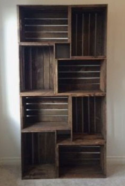 Ikea Bookshelf, Wooden Crate Shelves, Bookshelf Room, Diy Wooden Crate, Crate Bookshelf, Crate Shelves, Dubai Hotel, Diy Sewing Projects, Wooden Crate