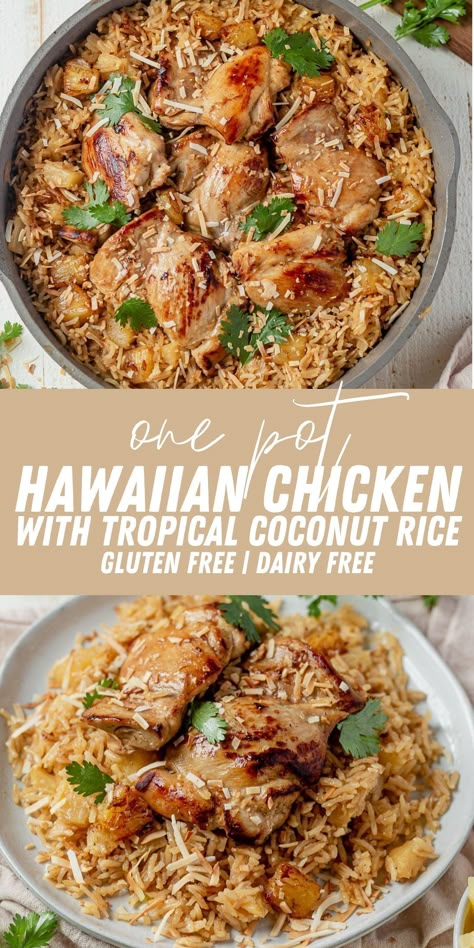 Hawian Chicken And Rice, Gf One Pot Meals, Hawaiian Chicken And Coconut Rice, Hawaiian Chicken With Coconut Rice, Coconut Chicken Marinade, Coconut Rice Dinner Ideas, Coconut Rice Dinner, Pineapple Coconut Chicken, Canned Coconut Milk Recipes Dinners