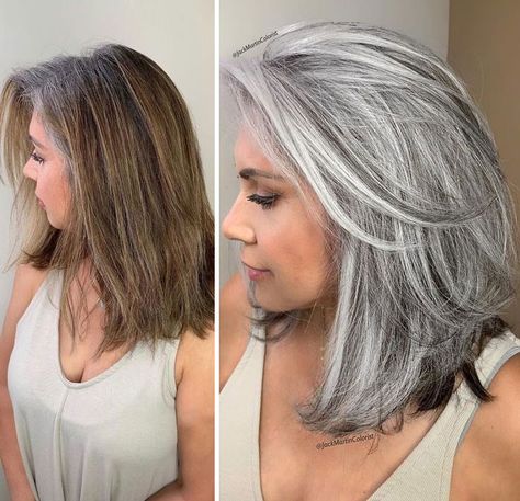 Hairdresser-Gray-Hair-Makeovers-Jack-Martin Grey Hair Care, Grey Hair Transformation, Grey Hair Dye, Hair 101, Dyed Blonde Hair, Gray Hair Growing Out, Hair Gray, Natural Gray Hair, Transition To Gray Hair