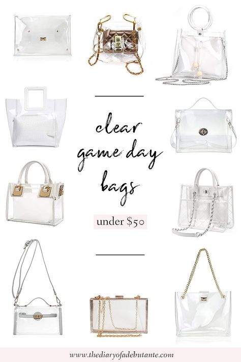 Looking for clear bags for college football games? Whether you're an SEC fan or an NFL fan, look no further! This roundup of cute clear crossbody purses and clear tote bags features 12 stadium approved options for game day. Plus, they're all under $50 and make great work bags, too! Click through for the full game day style post from affordable style blogger Stephanie Ziajka from Diary of a Debutante! #gameday #fallfashion #handbags #football #amazonfashion #tailgating #styleblogger Cute Clear Purses, Clear Purse Outfit, Clear Purses For Football Games, Clear Crossbody Bags, Bags For College, Transparent Purse, Game Day Quotes, College Gameday Outfits, Purse Outfit