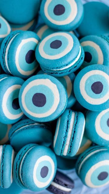 Greek Themed Cupcakes, Evil Eye Bridal Shower Theme, Evil Eye Cookies, Seventeenth Birthday, 14th Birthday Cakes, Evil Eye Nails, Evil Eye Art, Blue Cookies, Greek Sweets