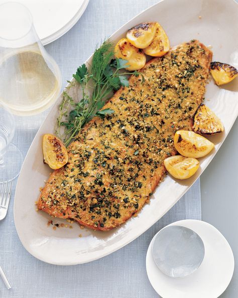 Herb-Crusted Salmon with Roasted Lemons Roasted Salmon Recipes, Herb Crusted Salmon, Crusted Salmon, Easy Baked Salmon, Roasted Salmon, Salmon Recipe, Salmon Fillets, Breakfast Brunch Recipes, Fish Dishes