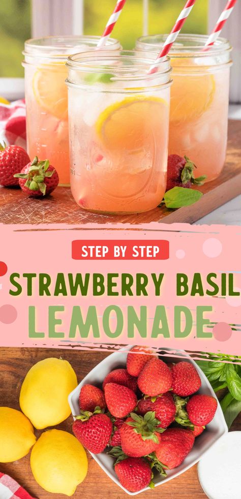 Dive into this incredible Strawberry Basil Lemonade Recipe and discover a refreshing drink that is sure to become your new summertime staple. Featuring a delicious blend of sweet strawberries, tangy lemons, and fresh basil, this recipe will tantalize your taste buds while providing an invigorating burst of flavor. Cheers to summer! Trailer Recipes, Basil Infused Water, Country Cocktails, Lemongrass Drink, Basil Lemonade Recipe, Basil Drinks, Strawberry Basil Lemonade, Homesteading Recipes, 90s Playlist