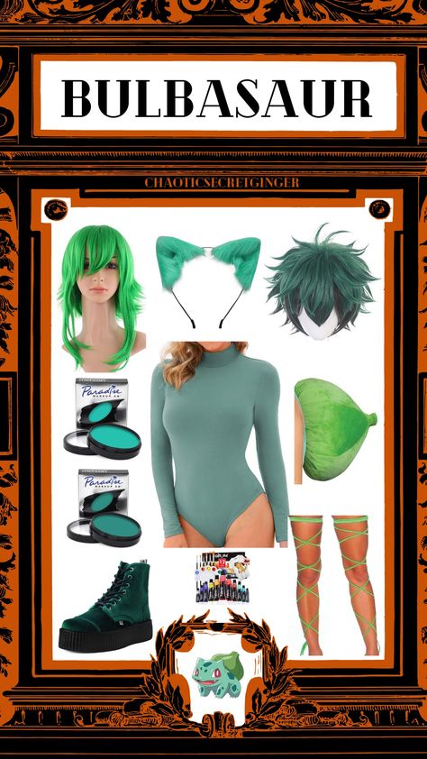 DIY Bulbasaur costume, green wig, green ears, green face paint, green bodypaint, green shoes, green leg wrap garters, fabric paint, premade Bulbasaur bulb Bulbasaur Cosplay, Bulbasaur Costume, All The Pokemon, Bulbasaur Pokemon, Green Pokemon, Pokemon Costumes, Flower Costume, Diy Costume, Amazon Storefront