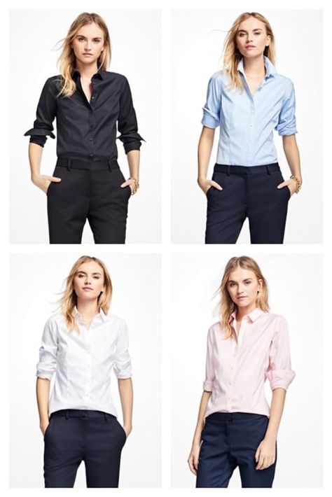 This classic non-iron dress shirt from Brooks Brothers has been around for years, so we have added it to our Workwear Hall of Fame! Shirt And Jeans Women, Fashion Formal, Classy Outfits For Women, Androgynous Fashion, Workwear Fashion, Trendy Clothes, Casual Work Outfits, Dress Shirts For Women, Fashion Line