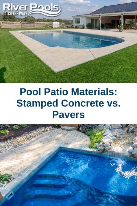 Pavers Around Inground Pool, Pools With Concrete Surround, Inground Pool Concrete Surround, Pool Concrete Ideas, Pavers Vs Concrete, Pavers Around Pool, Pool Deck Ideas Inground, Pool Decking Concrete, Patio Materials