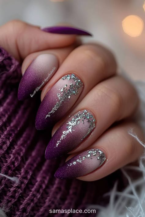 22 Plum Winter Nails Art Ideas and Designs Crescent City Nail Art, Winter Foil Nails, January Nail Designs Purple, White And Purple Ombre Nails, Amethyst Nail Designs, Nail Art Winter Designs, March Nails Ideas 2025, Purple Winter Nail Designs, Purple And Silver Nails Designs