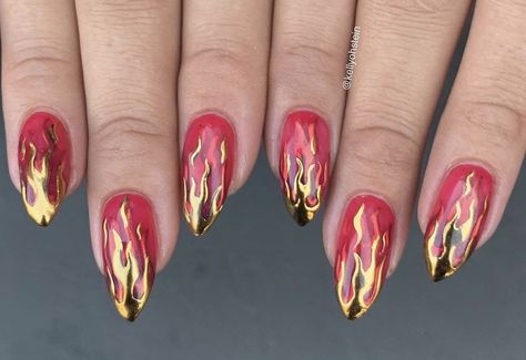 Flame Crome Nails, 3d Flame Nails, Red Chrome Flame Nails, Fire Chrome Nails, Chrome Flame Nails Designs, Chrome Fire Nails, Halloween Flame Nails, Fire Themed Nails, Fire Sign Nails