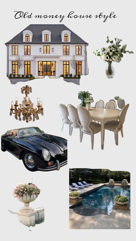 House and home decor style designed old money Classic modern style, pool and chandelier and outdoor statue and vase full of white flowers Old Money Modern House, Old Money Style House, Old Money Home Decor, Old Money Home, Dream House Modern, House And Home, Old Money Style, Outdoor Statues, Classic House