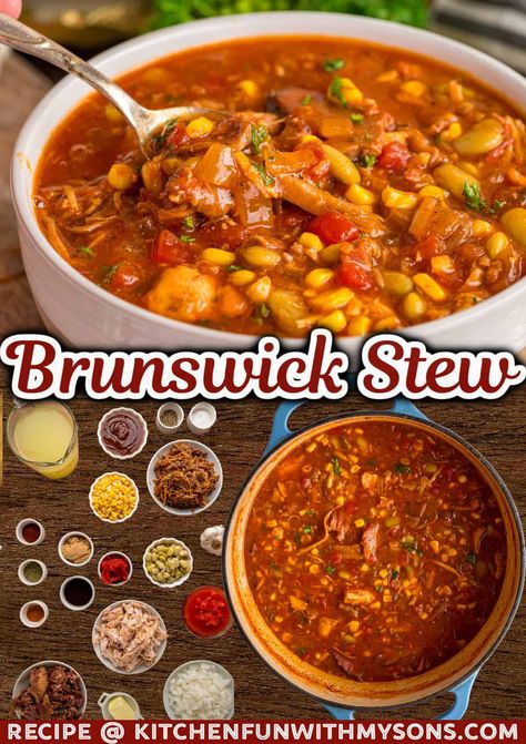 This Brunswick Stew recipe is made with pulled pork, shredded beef, and pulled chicken in a broth flavored with BBQ sauce. Hearty, filling, and easy to make, this stew is one you'll want to make over and over again during the winter! #stewrecipes #winterrecipes Pulled Pork Brunswick Stew, Bbq Pork Soup, Brunswick Stew Recipes, Pulled Pork Stew Recipes, Stew With Pork Meat, New Brunswick Stew, What To Do With Pulled Pork, Crockpot Brunswick Stew Recipe, Brunswick Stew Recipe Crockpot