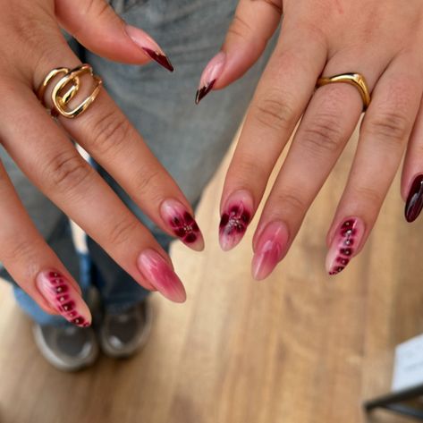 it girl nails 🐆 deep cherry mix and match nails for aleena. always grab an outfit shot on her way out because i trust she’s planned the nails to coordinate lol I keep saying this, but definitely my favourite set I’ve ever done (so far? lmao) builder gel nails + one extension ☝🏻 this combo of aura, flowers, blooming gel, french + glitter was absolutely lovely to create and although I went a bit non verbal while working out the steps I’m absolutely in love with it 🤣 i’m cait, a colchester ... Cute Mix Match Nails, Blooming Flower Nails, It Girl Nails, Bloom Nails, Mix And Match Nails, Blooming Gel Nails, Match Nails, Mix Match Nails, Burgundy Nail Designs