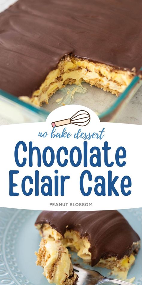 Easy no bake dessert to take to a potluck party, this old fashioned chocolate eclair cake is made with pudding, graham crackers, and chocolate frosting. 10 minutes to prep and it will taste just as delicious as a fancy French bakery treat. Easy Chocolate Eclair Dessert, Easy Party Treats, Chocolate Eclair Dessert, Beginner Baker, No Bake Chocolate Desserts, Chocolate Eclair Cake, Peanut Gallery, Photography Examples, Eclair Cake