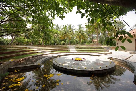 Amphitheater at Shreyas Yoga Retreat Open Air Amphitheater, Yoga Centre Architecture, Meditation Hall Design, Amphiteather Outdoor, Retreat Center Design, Meditation Space Architecture, Outside Yoga, Spiritual Retreat Center, Yoga Hall