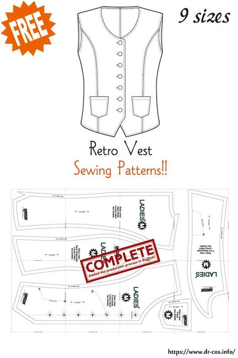 Ladies Waistcoat, Retro Vest, Waistcoat Pattern, Vest Pattern Free, Clothing Templates, Vest Sewing Pattern, Plus Size Sewing Patterns, Plus Size Sewing, Free Sewing Patterns