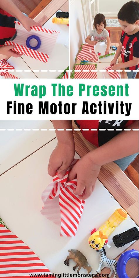 Wrap the Present Fine Motor Activity for Kids. Let preschoolers and kindergarteners practice gift wrapping. This is a fun way to develop fine motor skills this holiday season. #christmas #finemotor #preschool #kindergarten Preschool Christmas Fine Motor, Christmas Gross Motor Activities Preschool, Montessori Christmas Activities Preschool, Christmas Pre K Activities, Fine Motor Christmas Activities, Christmas Activities Preschool, Christmas Fine Motor Activities, Christmas Activities For Kindergarten, Classical Preschool