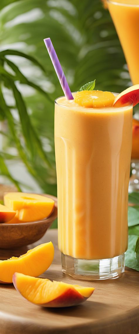 Vibrant orange tropical smoothie made with mango and banana, adorned with peach slices on a sunny garden table. Quick Breakfast Smoothies, Orange Smoothie, Tropical Orange, Peach Slices, Strawberry Banana, Breakfast Smoothie, Time Of Day, Quick Snacks, Ripe Banana