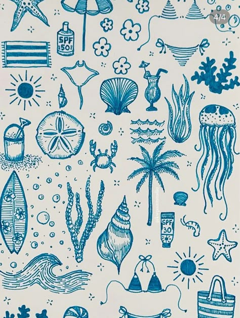 Ocean Aesthetic Drawing Easy, Coastal Doodles, Beach Things To Draw, Beach Design Illustration, Beachy Doodles, Ocean Doodles, Beach Doodles, Sea Doodles, Work Doodles