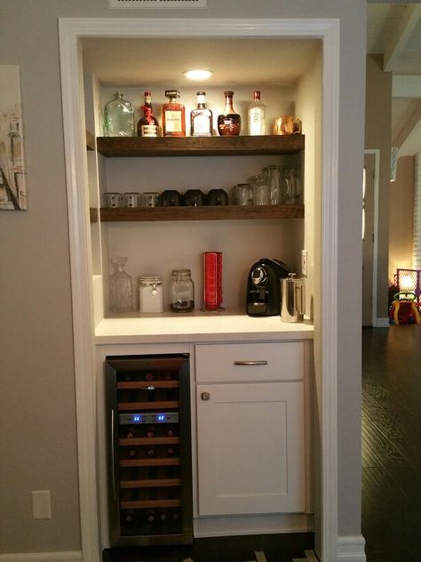 Wine and coffee bar for easy drinking morning and night! Turned an unused furnace room into a dry bar. Mini Coffee Bar Ideas, Mini Coffee Bar, Furnace Room, Wine And Coffee Bar, Coffee/wine Bar, Wine Closet, Coffee Bar Ideas, Closet Bar, Coffee Bar Design