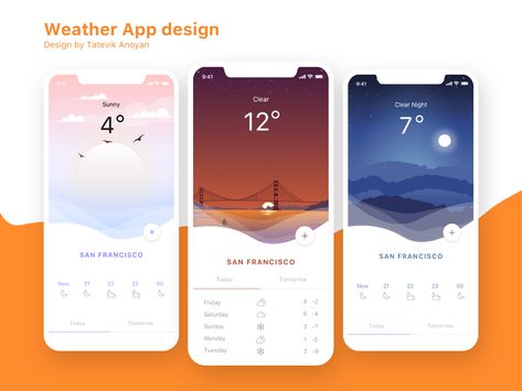 Weather app by Tatevik Anoyan Weather App Design, Music App Design, To Do App, Interaktives Design, Ui Design Mobile, Ui Ux 디자인, Android App Design, Ios App Design, Weather App