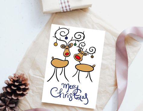 Stick Reindeer, Reindeer Christmas Cards, Hand Drawn Christmas Cards, Christmas Card Art, Christmas Card Crafts, Printable Christmas Cards, Christmas Cartoons, Christmas Card Design, Christmas Cards To Make