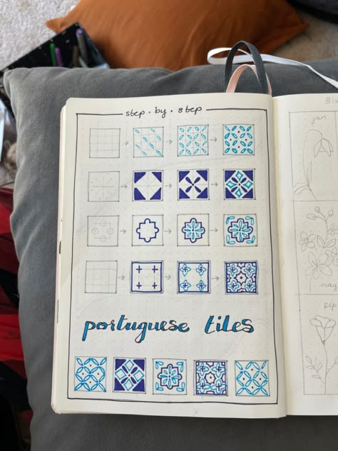 Tiles Drawing Design, Portuguese Tiles Pattern, Tile Drawings Ideas, How To Draw Tiles, Portugal Drawing, Pattern Ideas Drawing, Tiles Drawing, Tile Drawing, Bullet Journal Ideas Templates